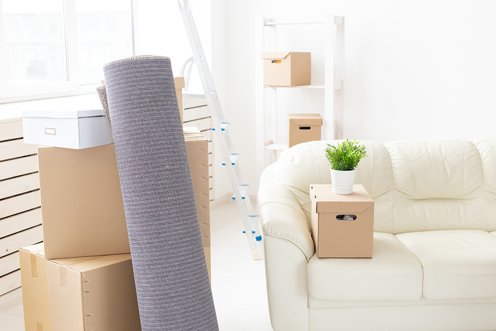 Cardboard boxes and sofa moving into a new house